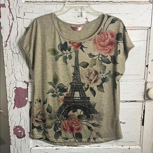 SJS Beige Floral Eiffel Tower Women's Tee in Heathered Tan Sz Small